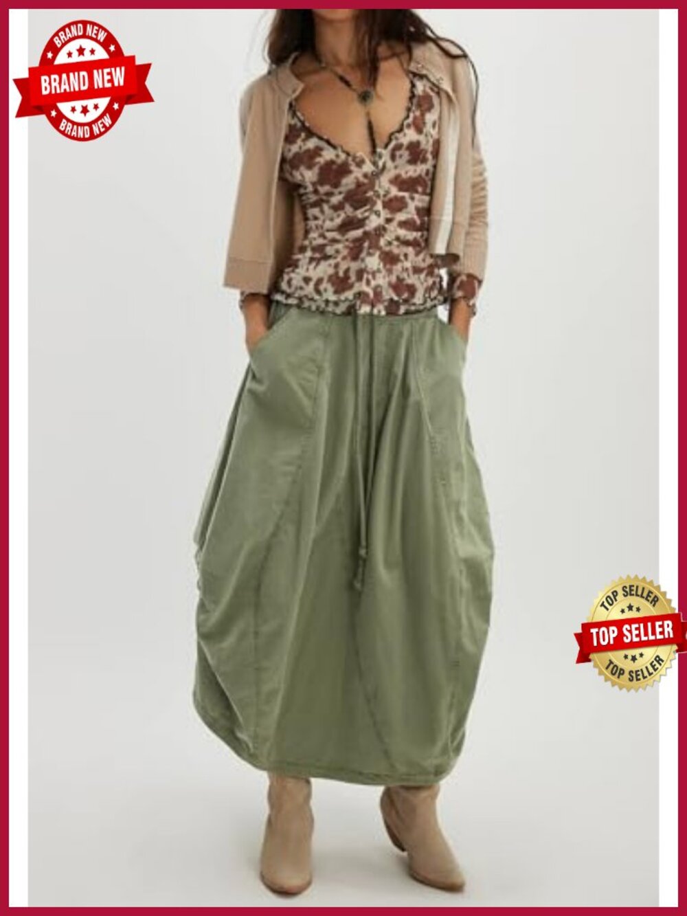 Baggy Parachute Maxi Skirt with Pockets Cotton Blend Midi Cargo Skirt Y2K - Picture 2 of 2